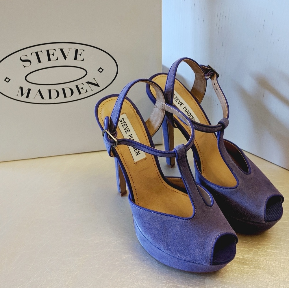 Suede Lilac T Strap Peep Toe Platform Heels